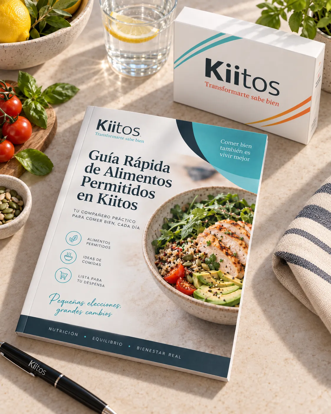 Guía Rápida de Alimentos Permitidos en Kiitos impresa junto a una caja de producto Kiitos