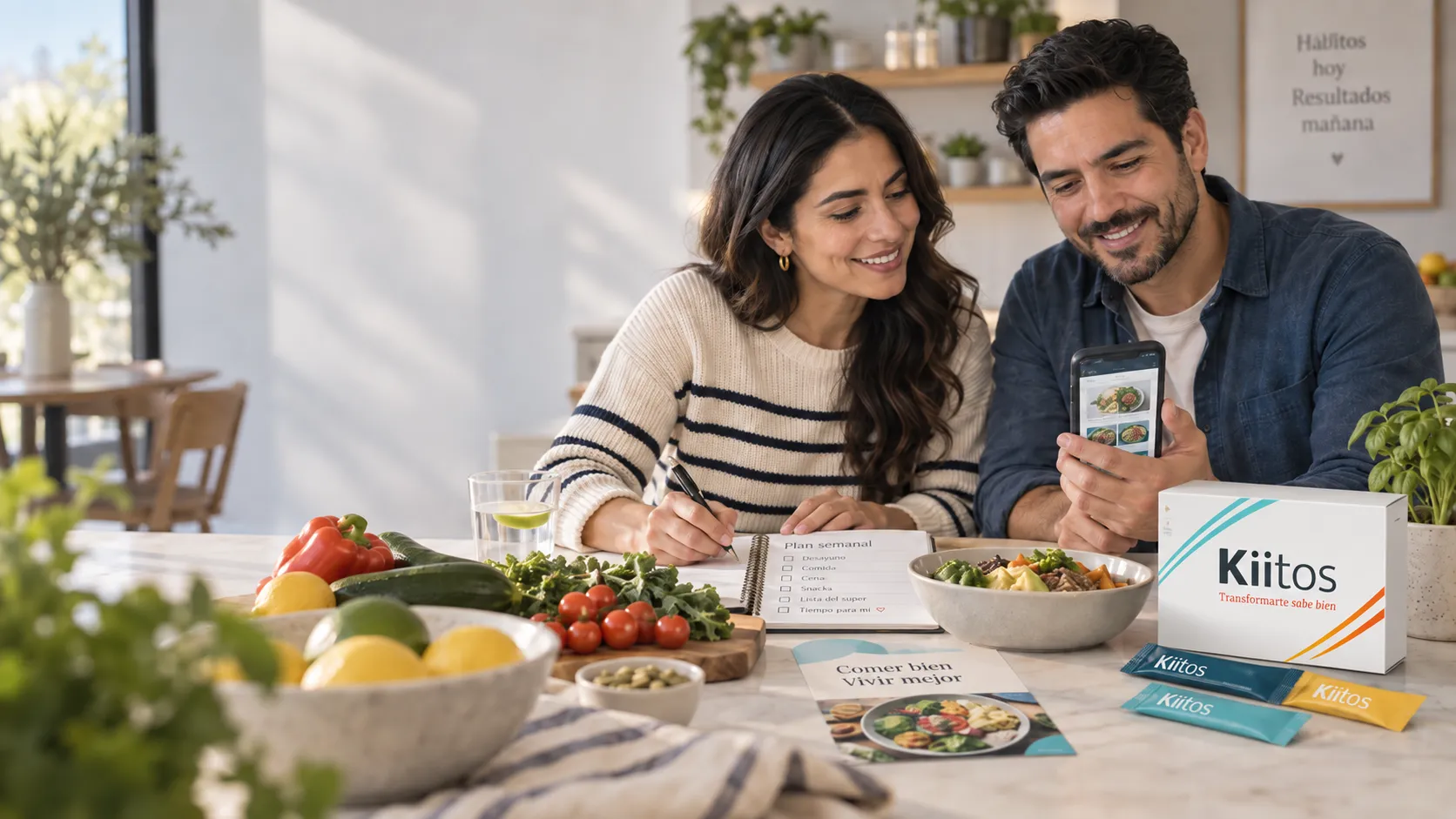 Dos personas organizando su semana de comidas en la cocina con recetas y productos Kiitos sobre la mesa