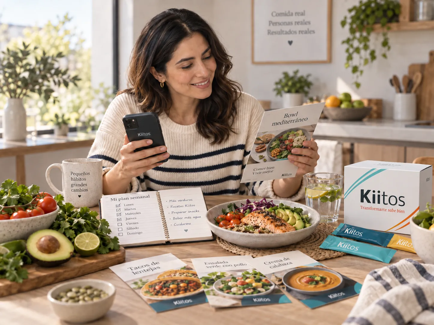 Mujer revisando su planeación semanal de comidas en la app Kiitos, con recetas y productos Kiitos sobre la mesa
