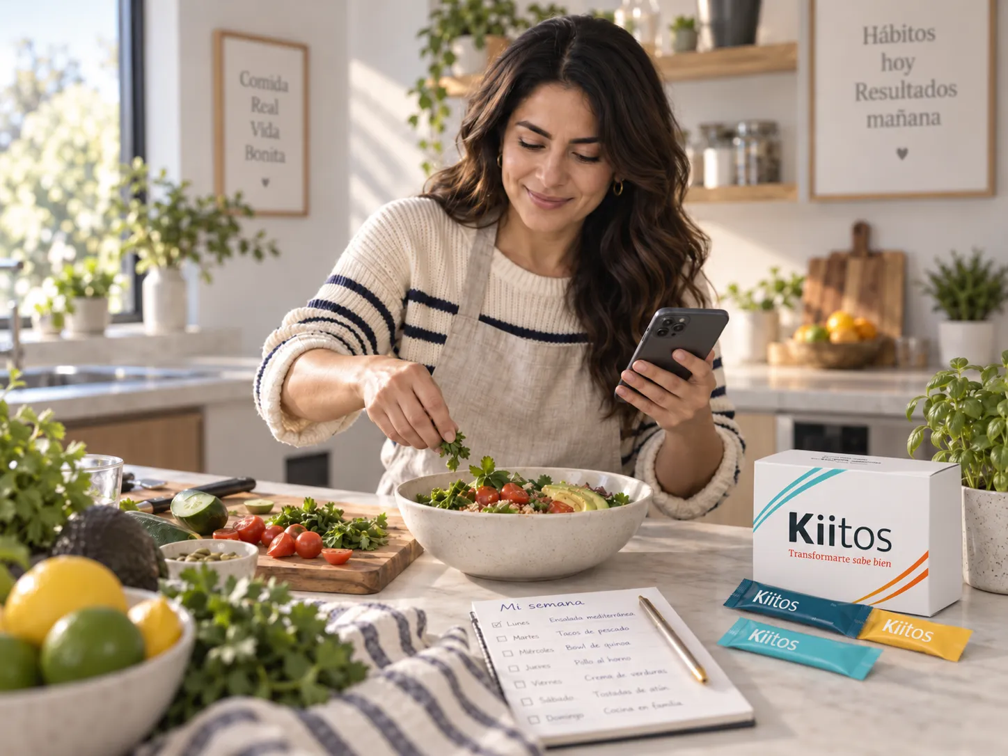 Mujer sirviendo un bowl de verduras frescas mientras consulta la app Kiitos en su cocina