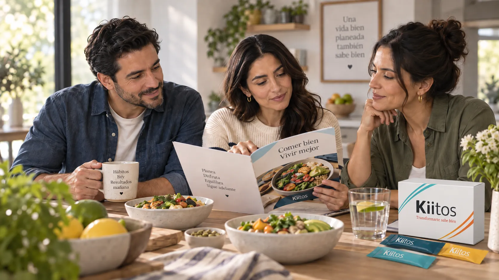 Tres personas compartiendo la mesa y revisando juntas el recetario Kiitos